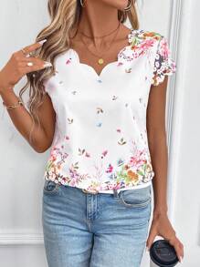 SHEIN Clasi Women's Elegant White Floral Short Sleeve Blouse,Casual & Fashionable Spring Summmer Brunch Top,Ditsy Floral Vacation Outfits