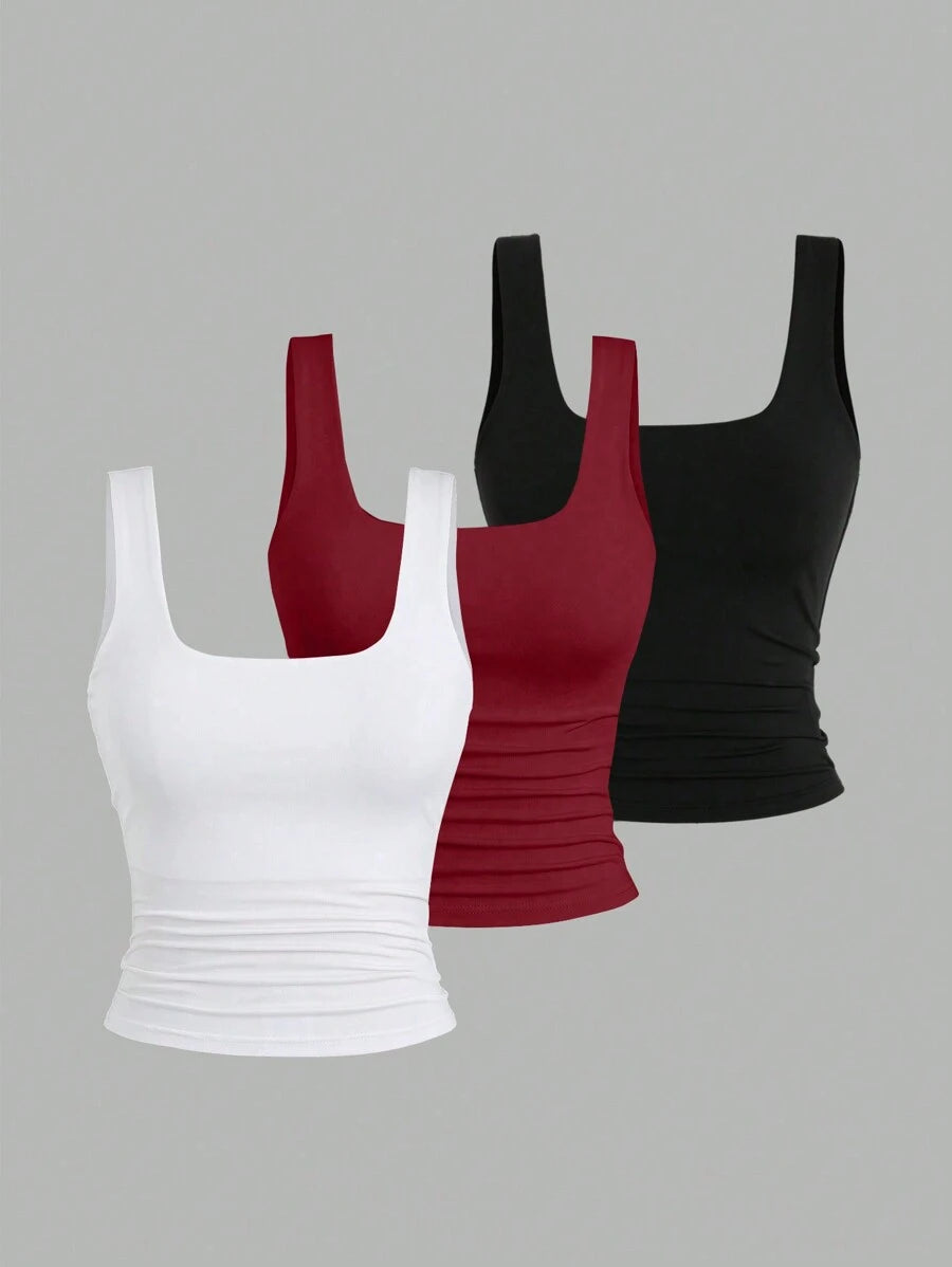 Sweetra Ženska Letnja Majica – Kvadratni Izrez, Nabran Slim Fit Casual Top