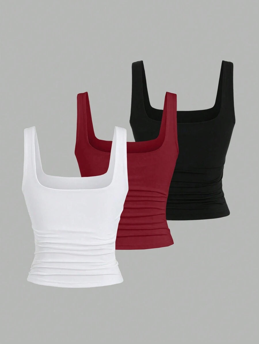 Sweetra Ženska Letnja Majica – Kvadratni Izrez, Nabran Slim Fit Casual Top