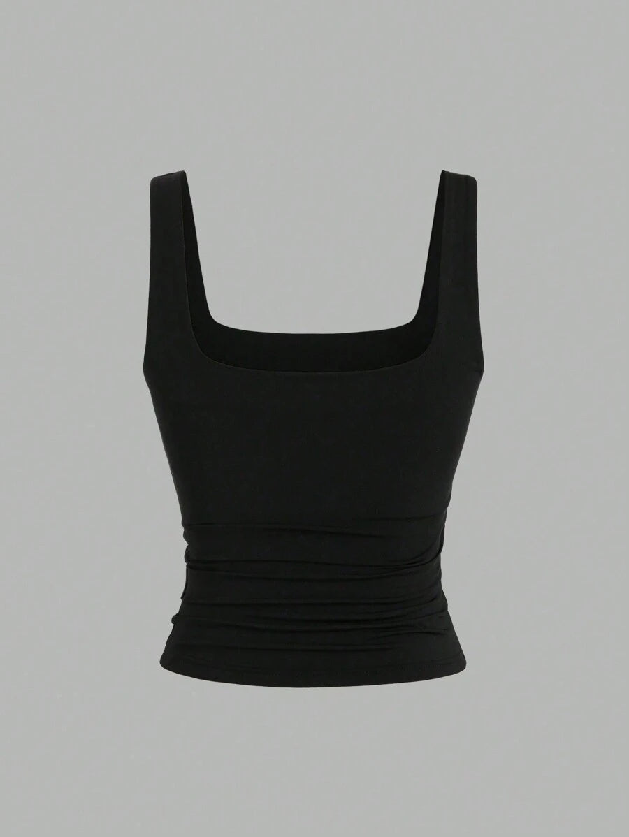 Sweetra Ženska Letnja Majica – Kvadratni Izrez, Nabran Slim Fit Casual Top