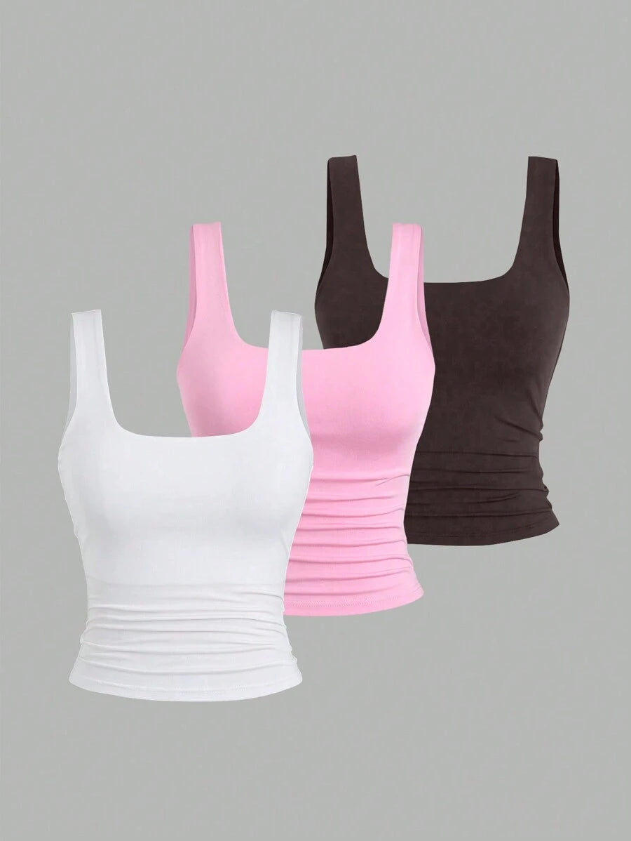 Sweetra Ženska Letnja Majica – Kvadratni Izrez, Nabran Slim Fit Casual Top