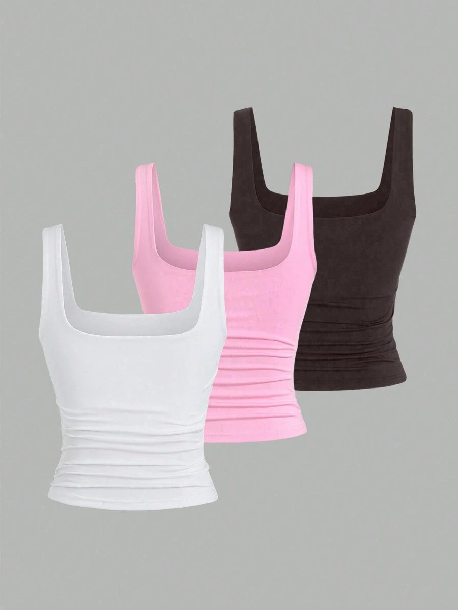 Sweetra Ženska Letnja Majica – Kvadratni Izrez, Nabran Slim Fit Casual Top