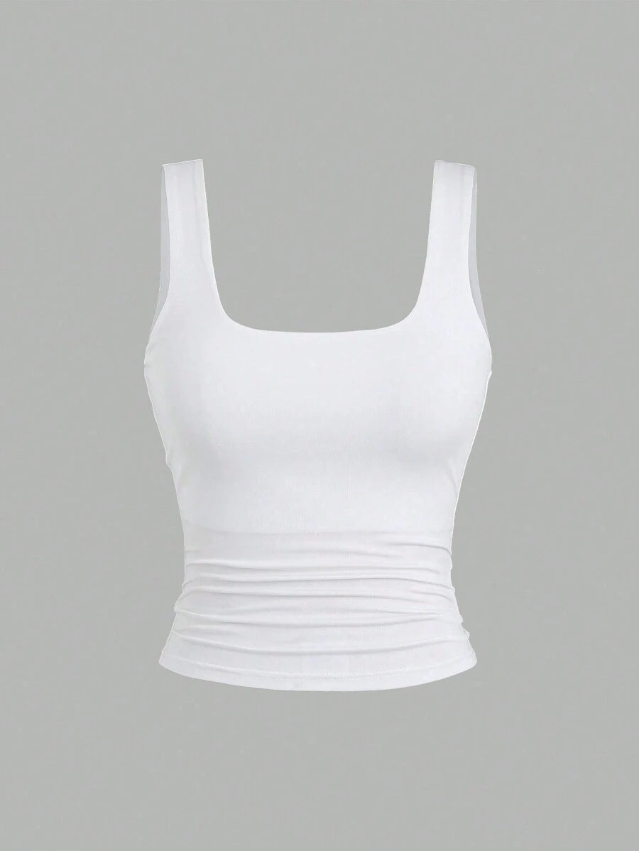 Sweetra Ženska Letnja Majica – Kvadratni Izrez, Nabran Slim Fit Casual Top