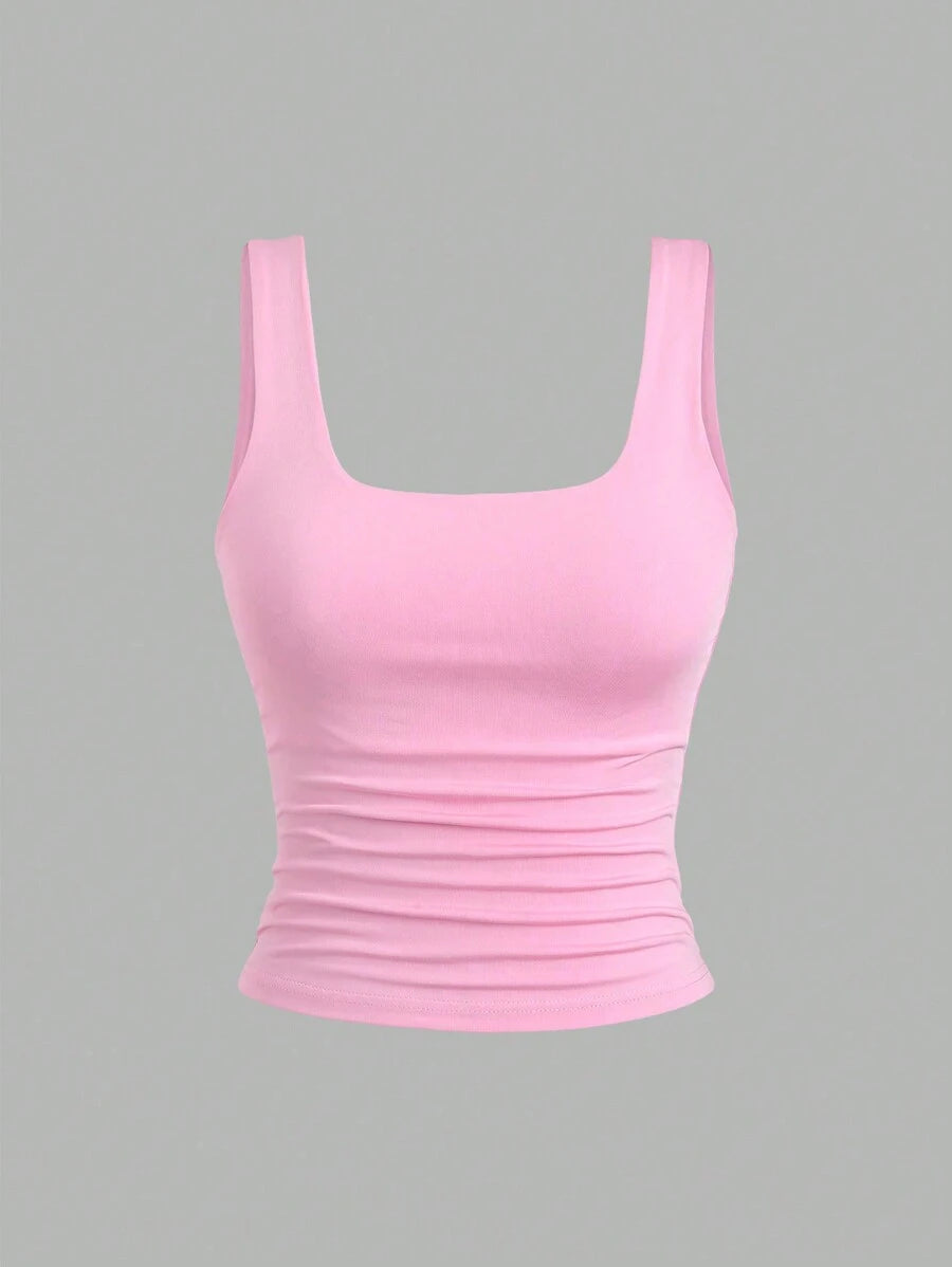 Sweetra Ženska Letnja Majica – Kvadratni Izrez, Nabran Slim Fit Casual Top