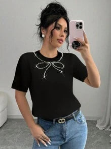 INAWLY Women Handmade Beaded Bowknot Round Neck T-Shirt