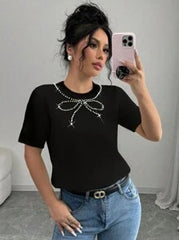 INAWLY Women Handmade Beaded Bowknot Round Neck T-Shirt