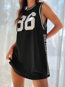 SHEIN EZwear Black Loose Mesh Sleeveless Letter & Number Graphic Summer Casual Athletic Style Dress