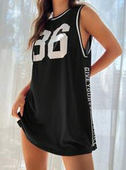 SHEIN EZwear Black Loose Mesh Sleeveless Letter & Number Graphic Summer Casual Athletic Style Dress