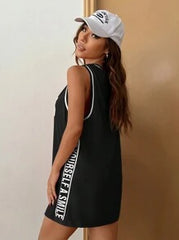 SHEIN EZwear Black Loose Mesh Sleeveless Letter & Number Graphic Summer Casual Athletic Style Dress