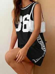 SHEIN EZwear Black Loose Mesh Sleeveless Letter & Number Graphic Summer Casual Athletic Style Dress