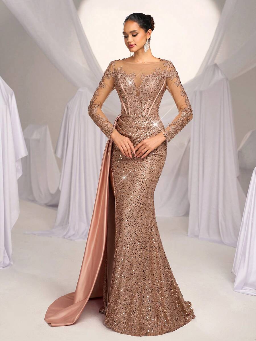 Elegantna luksuzna maksi haljina sa vezom, šljokicama, čipkom i satenom
