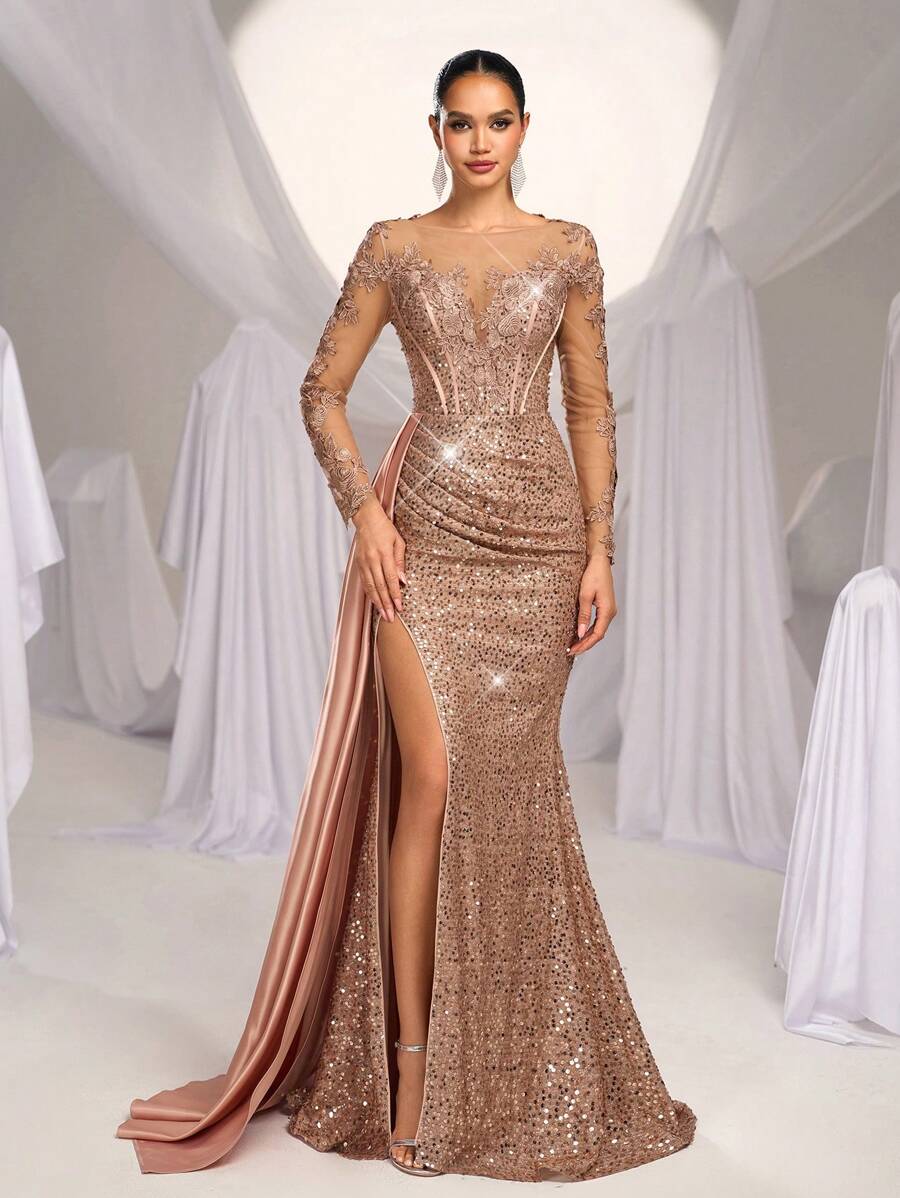 Elegantna luksuzna maksi haljina sa vezom, šljokicama, čipkom i satenom