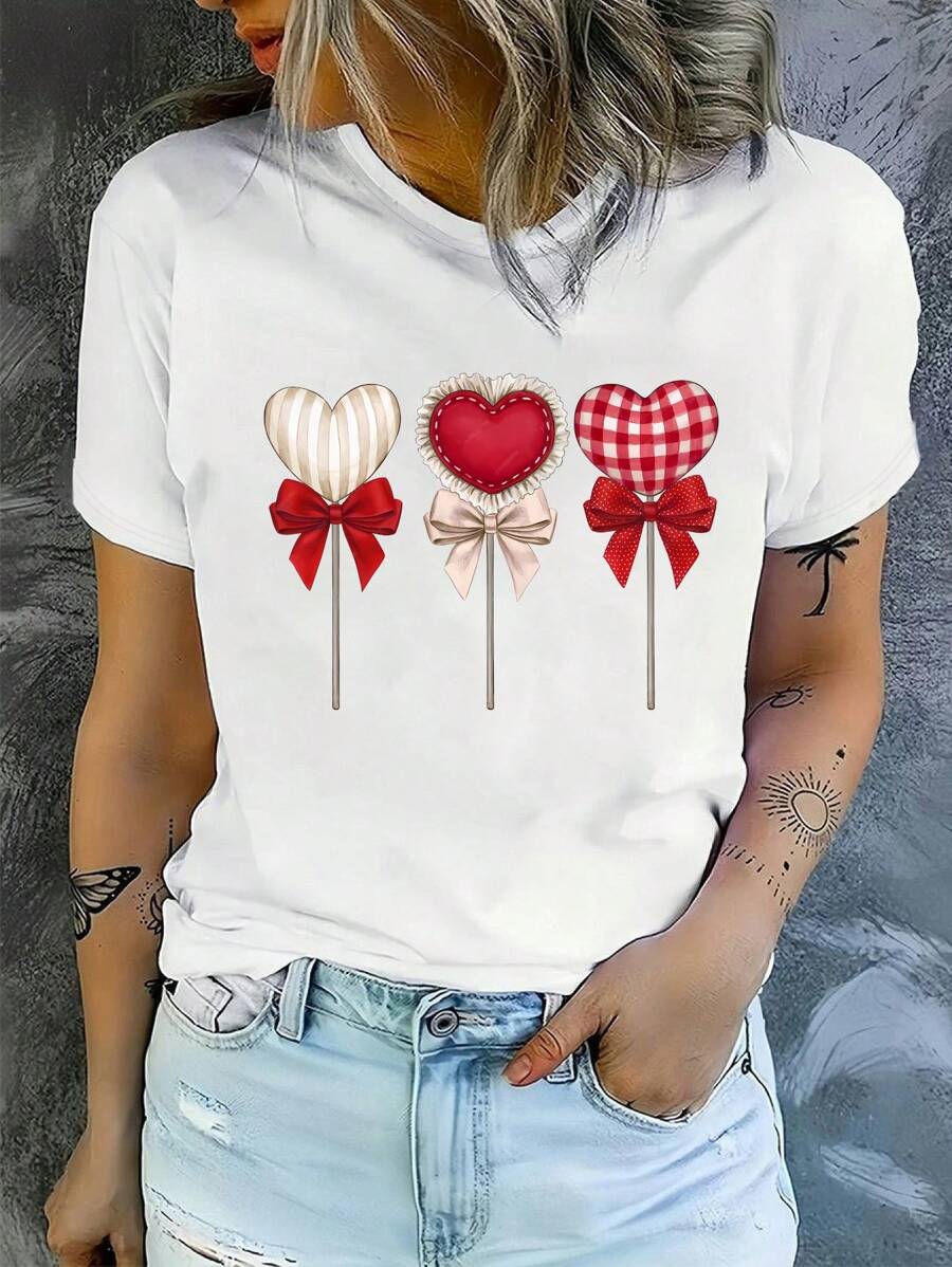 NostaNoir Women Casual T-Shirt, Comic Heart Pattern For Valentine's Day