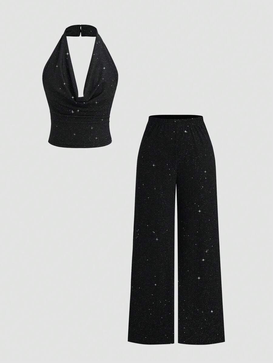 Sparkling  Halter set Top i Široke Pantalone