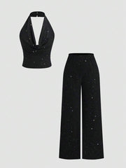 Sparkling  Halter set Top i Široke Pantalone
