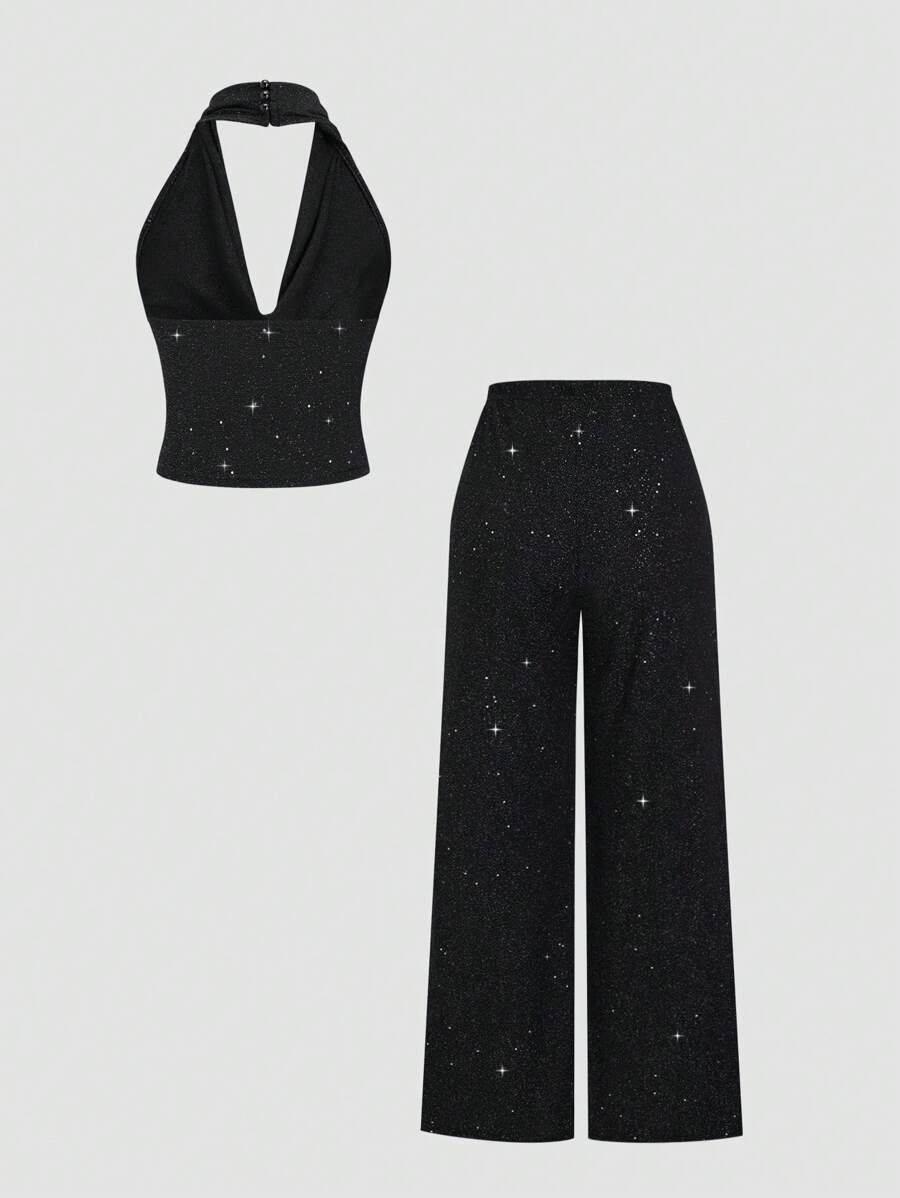 Sparkling  Halter set Top i Široke Pantalone