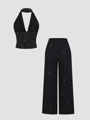 Sparkling  Halter set Top i Široke Pantalone