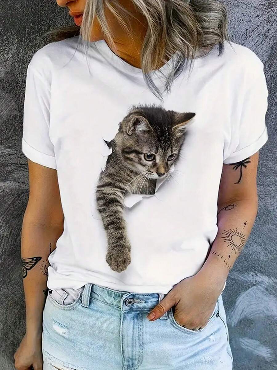Cute Cat Print Round Neck Short Sleeve T-Shirt, Casual Daily Wear Tops, Women White Summer