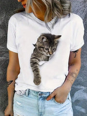 Cute Cat Print Round Neck Short Sleeve T-Shirt, Casual Daily Wear Tops, Women White Summer