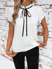 SHEIN Clasi Fitted Women's Black And White Color-Blocked Bow Tie Blouse