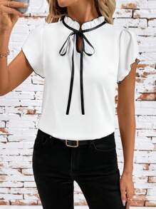 SHEIN Clasi Fitted Women's Black And White Color-Blocked Bow Tie Blouse