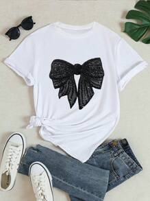 INAWLY Women's Soft & Fashionable Black T-Shirt With Shiny Bow And Floral Embossed Print