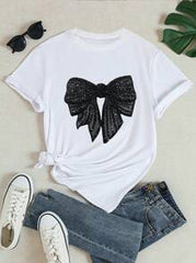 INAWLY Women's Soft & Fashionable Black T-Shirt With Shiny Bow And Floral Embossed Print