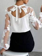SHEIN Clasi Women's Floral Mesh Back Tie Elegant Blouse For Valentine's Day Date Fall Cloth For Women