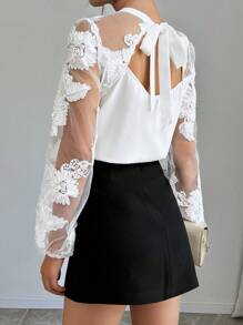 SHEIN Clasi Women's Floral Mesh Back Tie Elegant Blouse For Valentine's Day Date Fall Cloth For Women