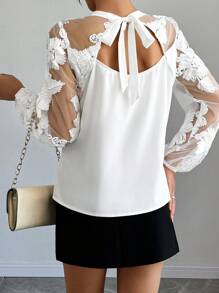 SHEIN Clasi Women's Floral Mesh Back Tie Elegant Blouse For Valentine's Day Date Fall Cloth For Women