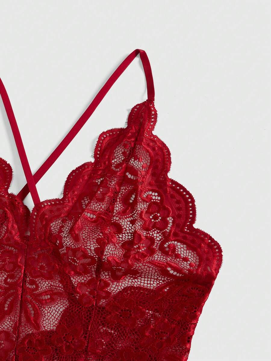 Romantični seksi čipkani body sa V-izrezom, volanima, ukrštenim detaljima