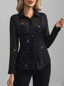 Editum Women Long Sleeve Glittering Sequins Black Sheer Elegant Blouse