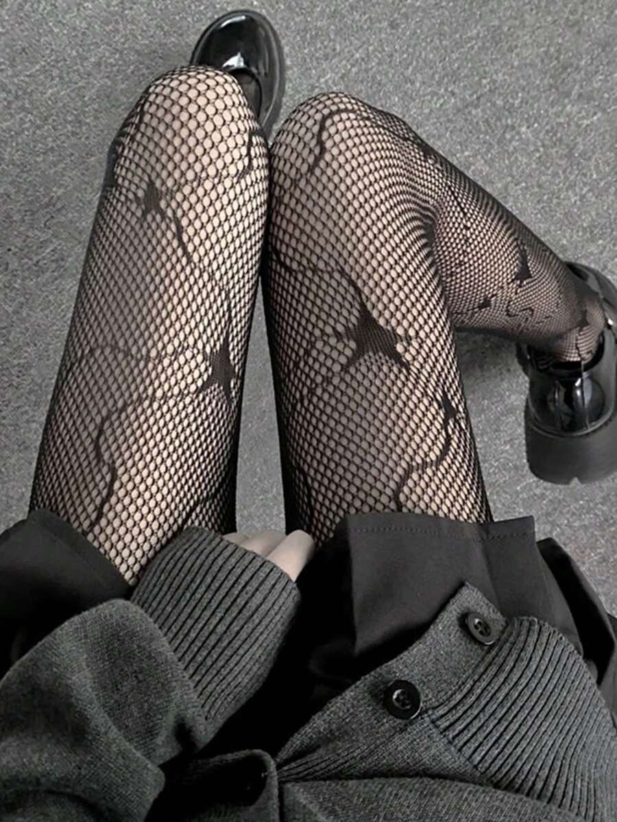 1 kom ženske tanke čarape sa pentagram uzorkom, crne, seksi