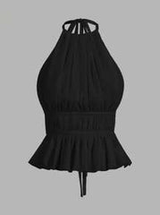 SHEIN PETITE Women's Pleated Halter Neckline Waist-Tied Backless Tank Top