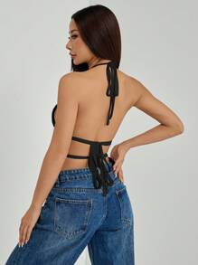 SHEIN PETITE Women's Pleated Halter Neckline Waist-Tied Backless Tank Top