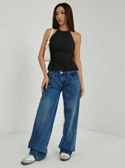SHEIN PETITE Women's Pleated Halter Neckline Waist-Tied Backless Tank Top