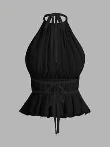 SHEIN PETITE Women's Pleated Halter Neckline Waist-Tied Backless Tank Top