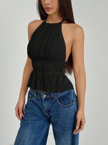 SHEIN PETITE Women's Pleated Halter Neckline Waist-Tied Backless Tank Top