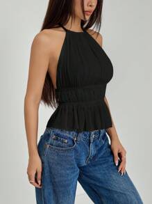 SHEIN PETITE Women's Pleated Halter Neckline Waist-Tied Backless Tank Top