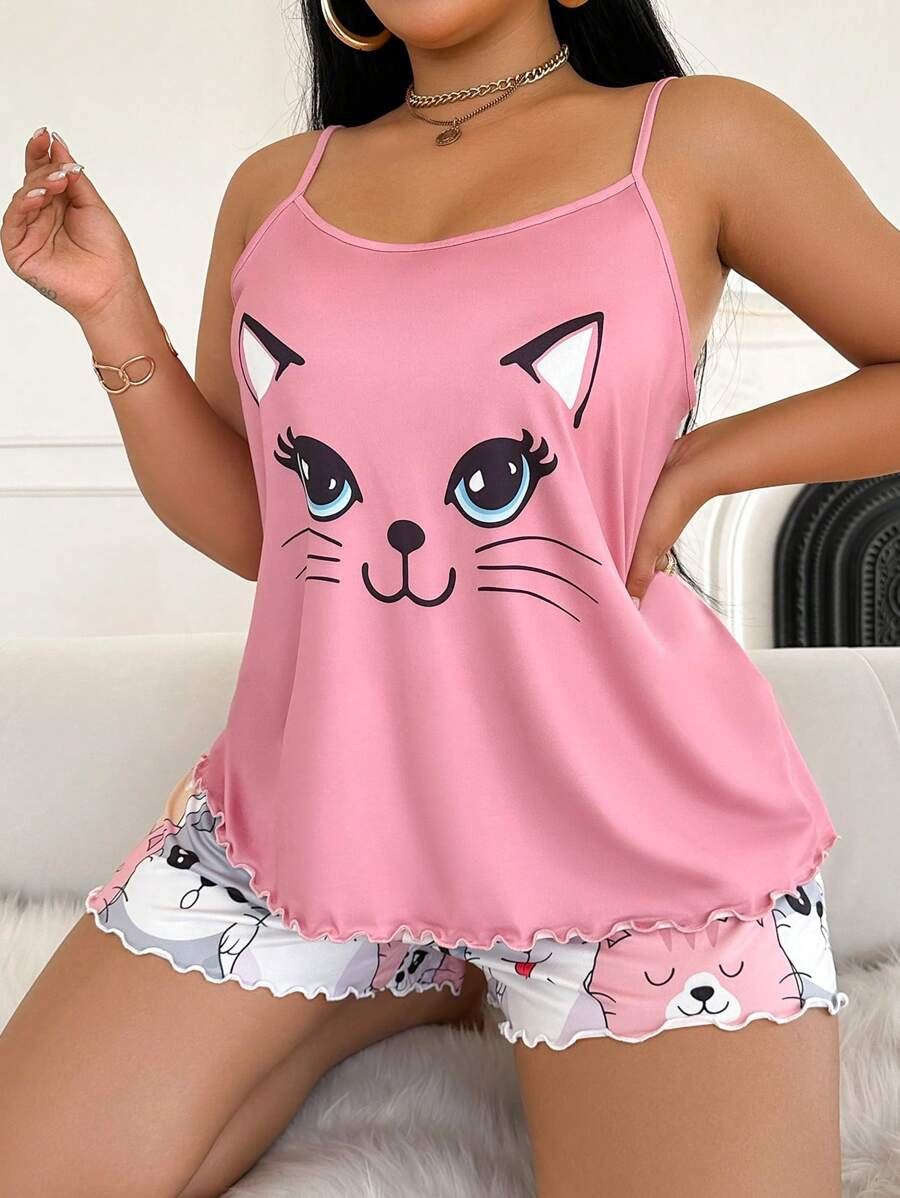 Set za spavanje sa topom na bretele i šorts sa crtanim printom mačke, plus size