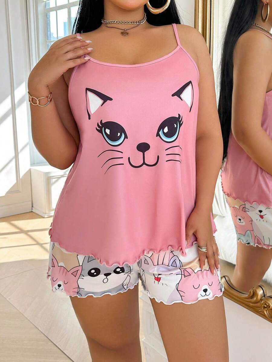 Set za spavanje sa topom na bretele i šorts sa crtanim printom mačke, plus size
