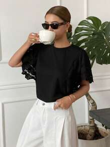Serisse Women's Black Elegant Embroidered Cutout Ruffle Batwing Sleeve T-Shirt