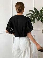 Serisse Women's Black Elegant Embroidered Cutout Ruffle Batwing Sleeve T-Shirt