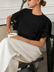 Serisse Women's Black Elegant Embroidered Cutout Ruffle Batwing Sleeve T-Shirt