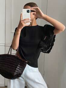 Serisse Women's Black Elegant Embroidered Cutout Ruffle Batwing Sleeve T-Shirt
