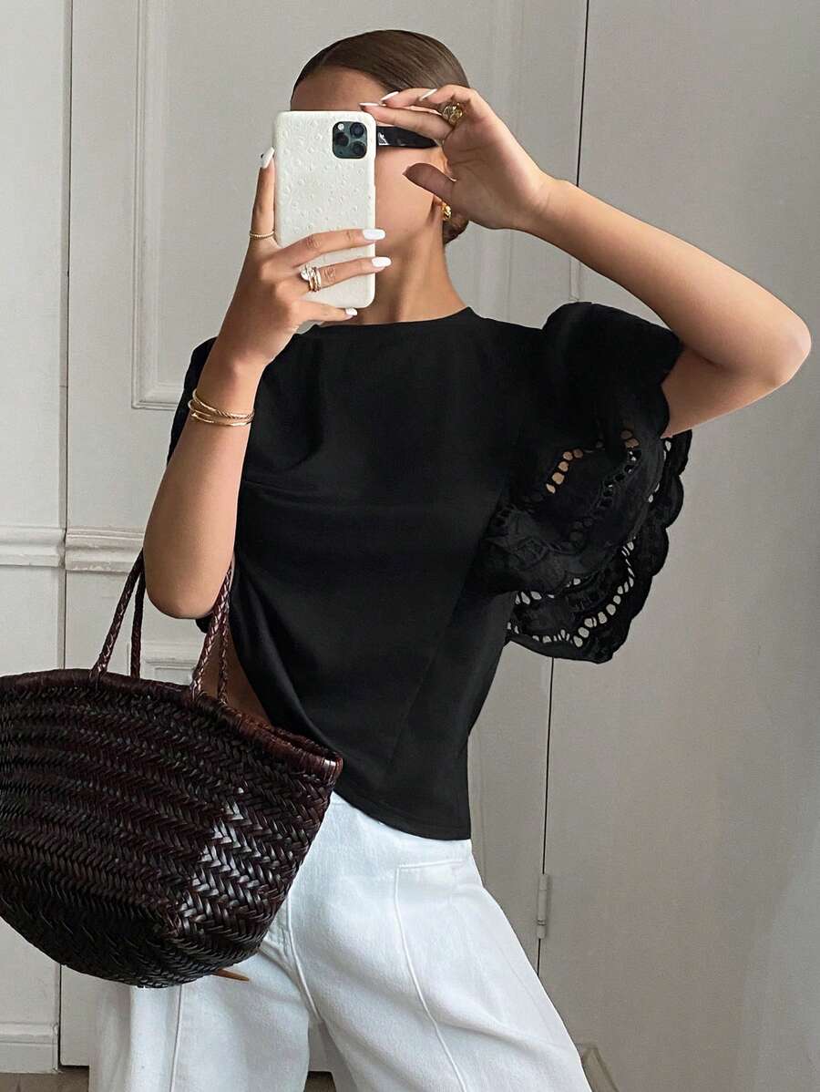 Serisse Women's Black Elegant Embroidered Cutout Ruffle Batwing Sleeve T-Shirt