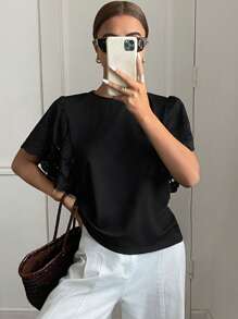 Serisse Women's Black Elegant Embroidered Cutout Ruffle Batwing Sleeve T-Shirt