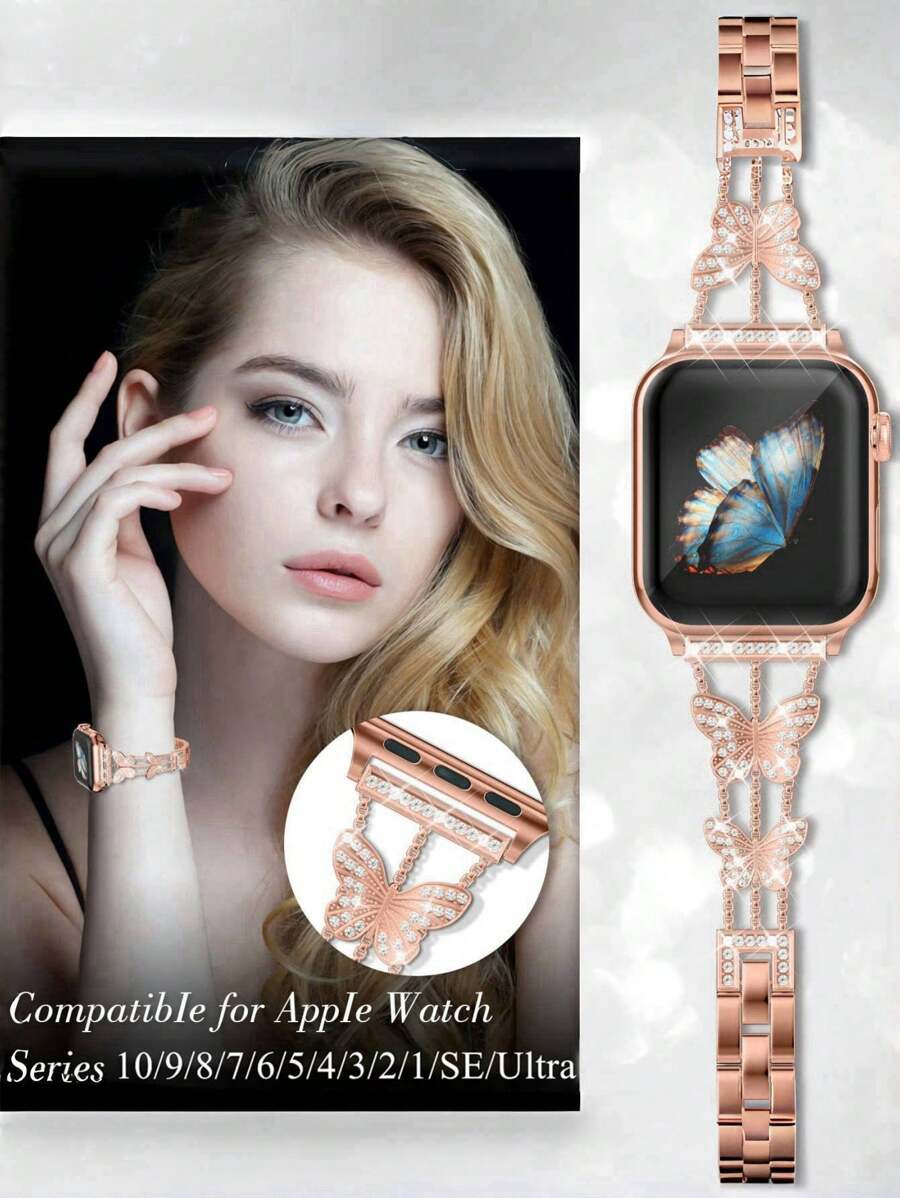 Luksuzna ženska narukvica za sat sa kristalima i leptir motivom, kompatibilna sa Apple Watch 38mm 40mm 41mm 42mm 44mm 45mm 46mm 49mm