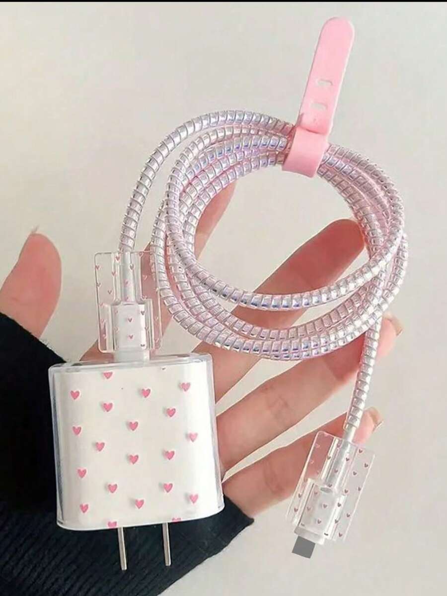 5 komada ružičastih TPU zaštitnih navlaka za kabl za punjenje u obliku srca/lepete/cveta/ljubičastog srca mačke, kompatibilno sa Apple 18/20W punjačima
