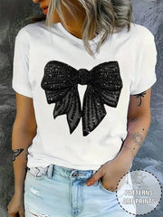 INAWLY Women's Soft & Fashionable Black T-Shirt With Shiny Bow And Floral Embossed Print